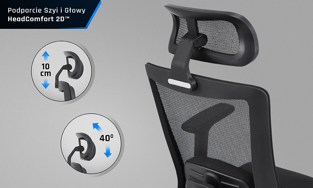 Fotel GAMVIS ErgoThrone XL Czarny zbliżenie na podparcie szyi i głowy obok pokazany zakres regulacji szare tło prawidłowa postawa komfort