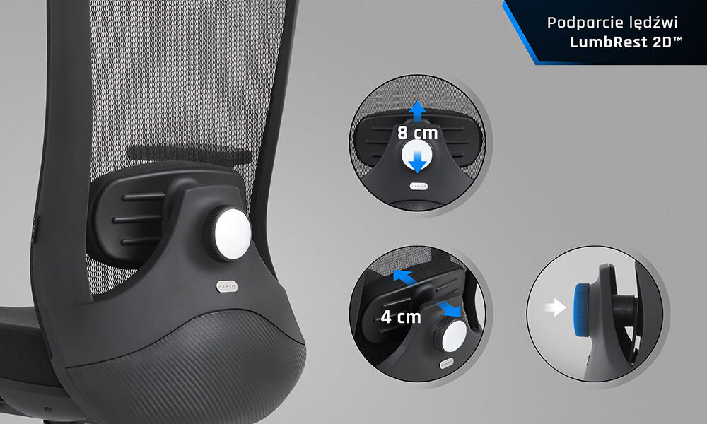 Fotel GAMVIS ErgoThrone XL Czarny zbliżenie na oparcie od tyłu pokazany zakres regulacji szare tło 2D LumbRest™ solidna konstrukcja miękkie materiały wysoki komfort redukcja ryzyka bólu pleców i zmęczenia