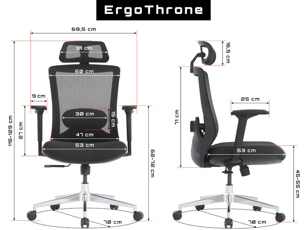 Fotel GAMVIS ErgoThrone XL Czarny prezentacja fotela od przodu i od boku na białym tle wymiary stabilność