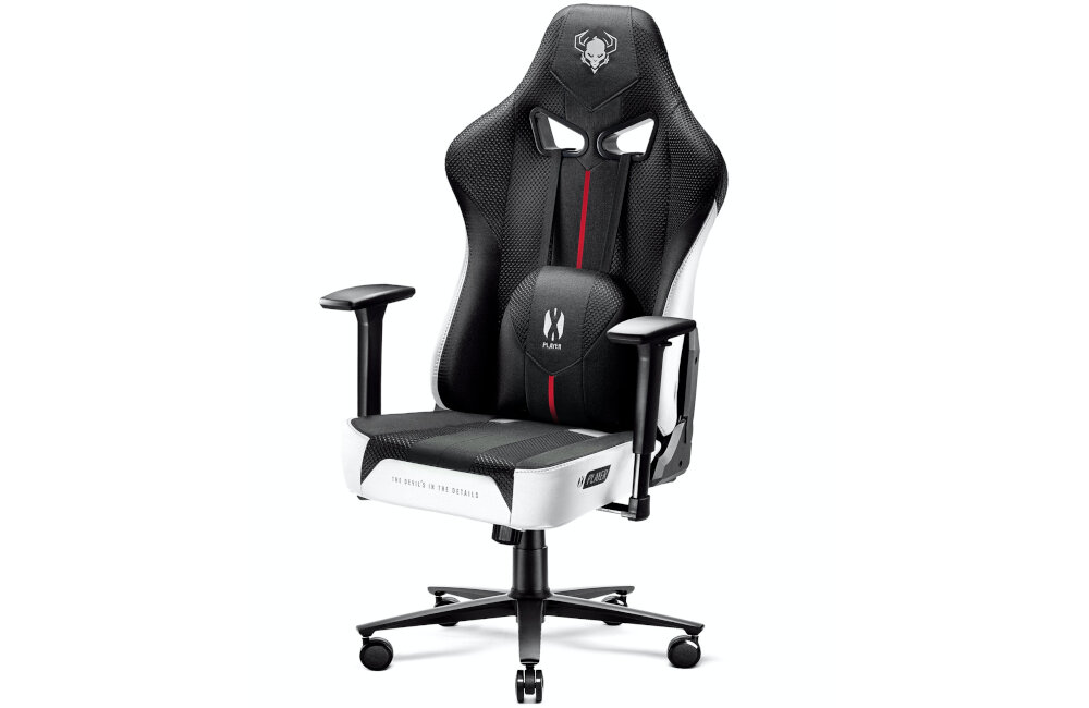 Fotel DIABLO CHAIRS X-Player 2.0 L Biało-czarny zestaw zagłówek poduszka lędźwiowa