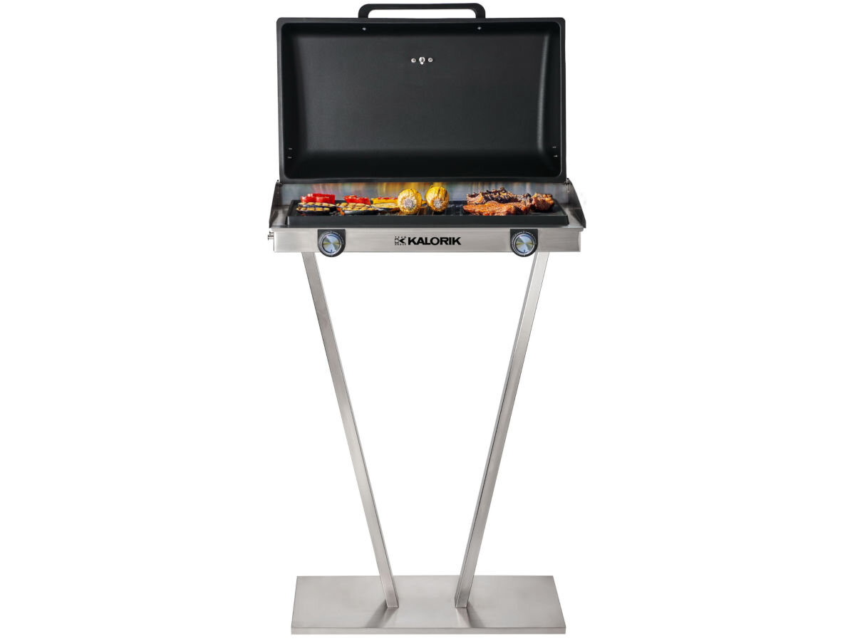 Grill elektryczny KALORIK TKG EBBQ 1002 L, moc, sprzęt, przygotowane, temperatura, na białym tle grill na podstawie frontem na wprost z otwartą pokrywą