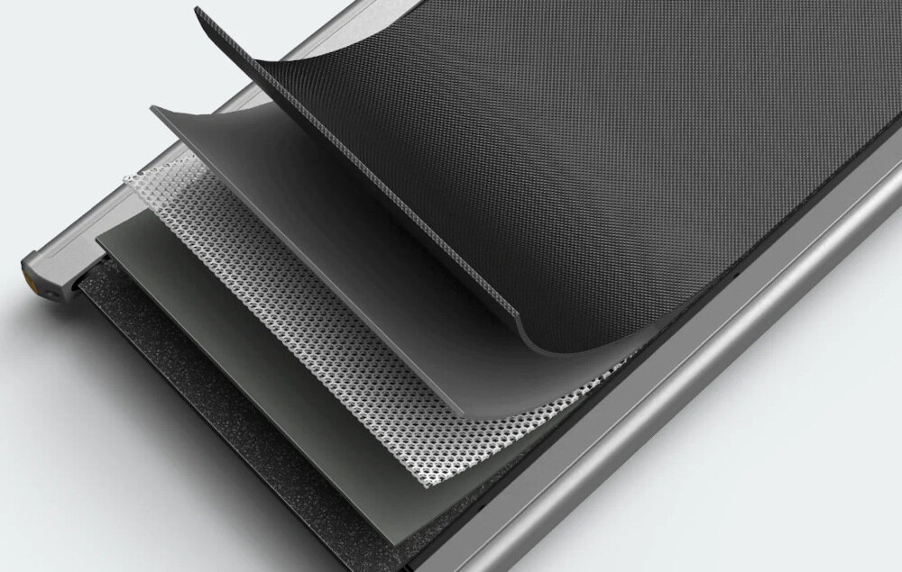 Bieżnia elektryczna UREVO U1 Smart Walkingpad 5-warstwowy pas do biegania pierwsza odporna na zuzycie druga redukcja halasu trzecia wzmocniona konstrukcja czwarta warstwa amortyzujaca z pianki EVA piata warstwa nosna