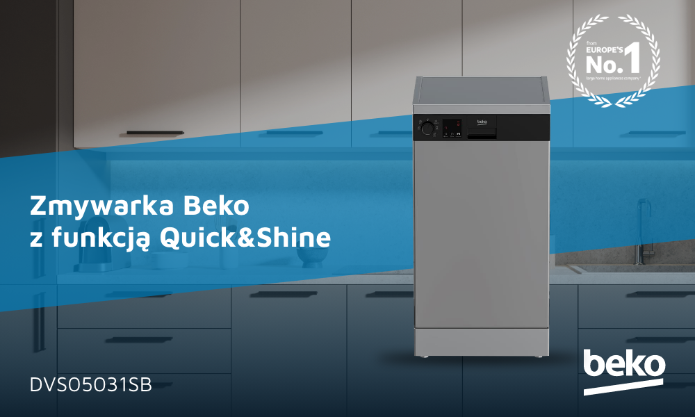 ZMYWARKA BEKO DVS05031SB baner top logo model uchylone drzwiczki kuchnia w tle