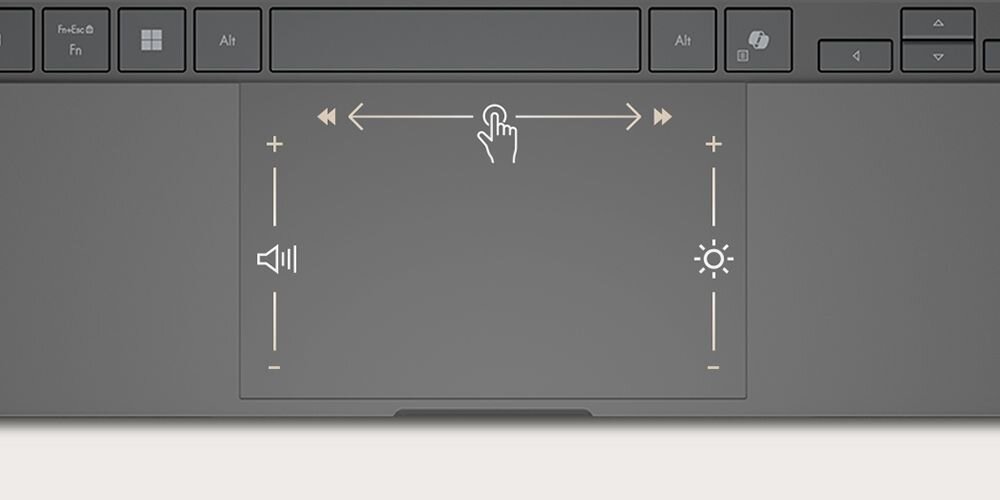 Touchpad ASUS ZenBook z podświetlonymi kontrolerami dotykowymi do regulacji głośności, jasności ekranu i przewijania z palcem wskazującym gestykę - Touchpad powiększona powierzchnia dopasowana do proporcji ekranu