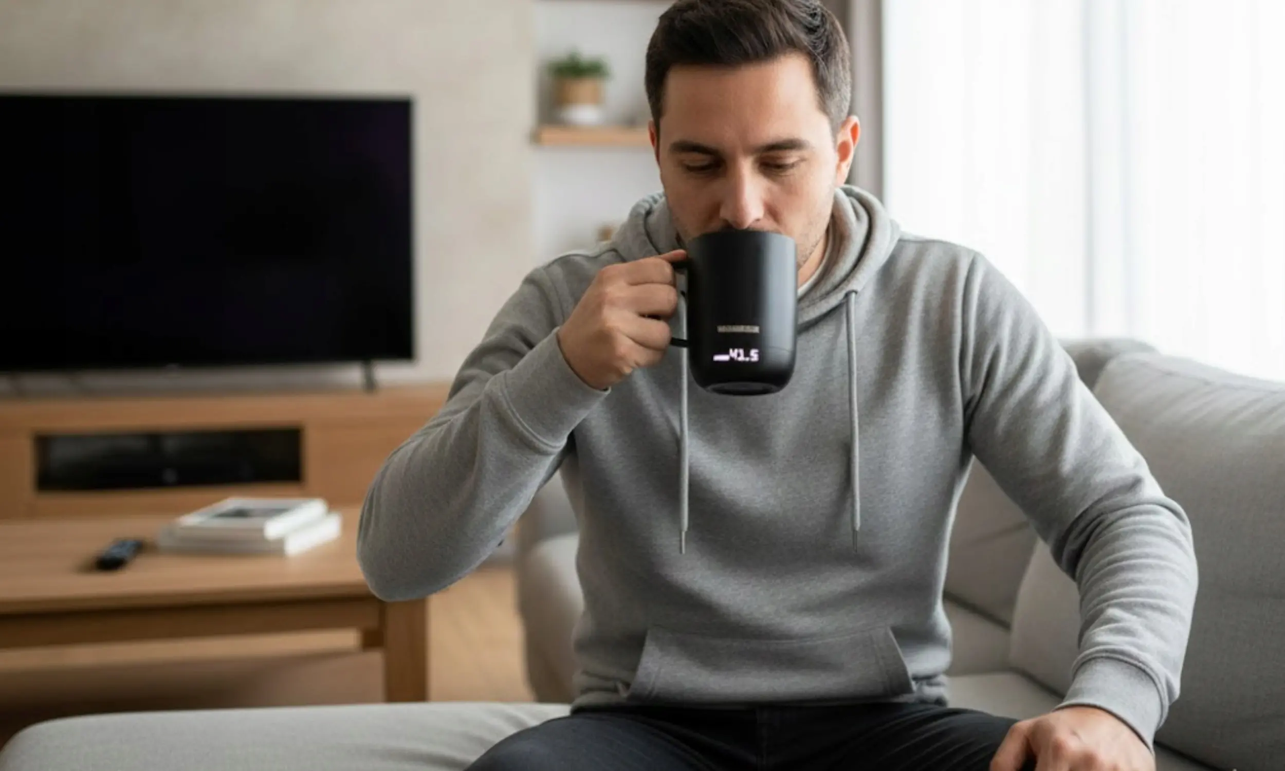 Kubek Warmener używany w domowym kąciku do pracy