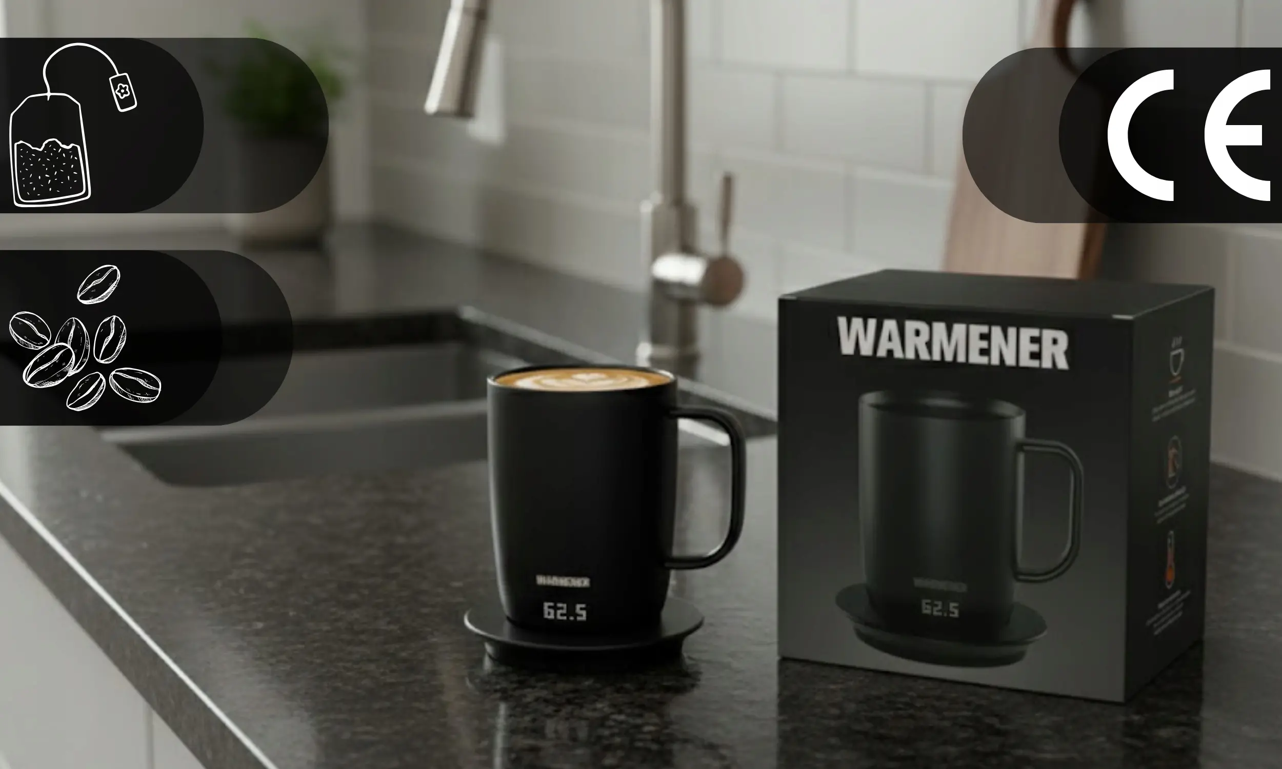 Kubek Warmener z ikonami certyfikatów bezpieczeństwa