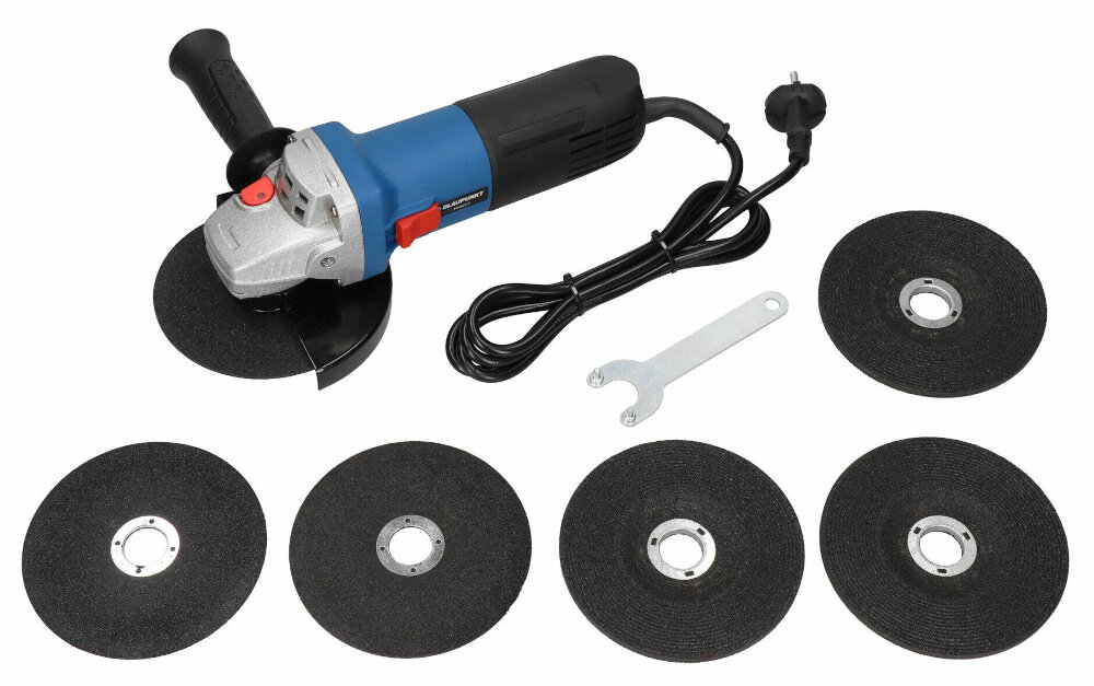 Szlifierka kątowa BLAUPUNKT AG4010 zestaw szczotki 3 tarcze do ciecia 3 tarcze do szlifowania uchwyt boczny klucz dokumentacja