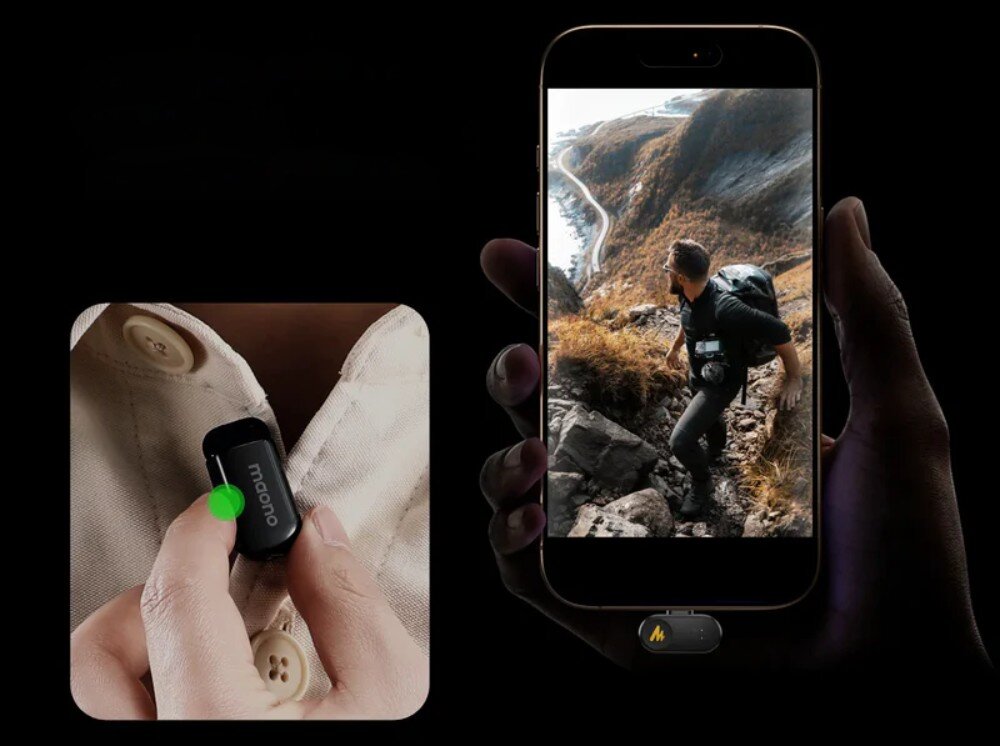 System bezprzewodowy MAONO WM622 PC2 zestawienie dwóch ujęć przedstawiające przypinanie małego mikrofonu do kołnierzyka jasnej koszuli oraz dłoń trzymającą smartfon z wpiętym odbiornikiem, na którego ekranie widać nagranie mężczyzny w górach