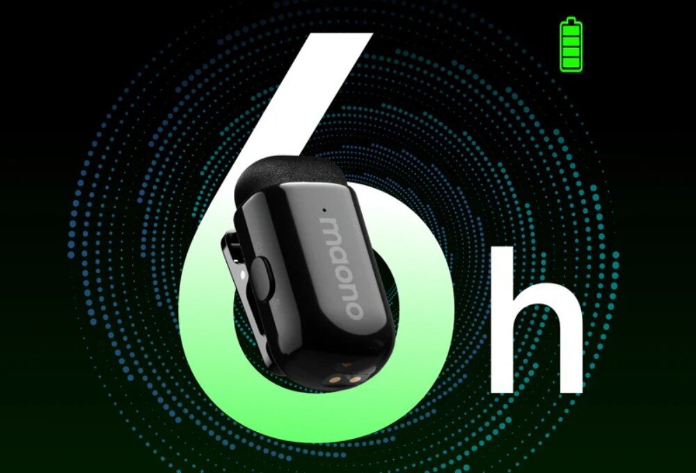 System bezprzewodowy MAONO WM622 PB2 mikrofon krawatowy z klipsem umieszczony wewnątrz dużej białej cyfry 6 z literą h obok, co stanowi tło graficzne z kropkowanym wzorem, a w prawym górnym rogu znajduje się zielona ikona naładowanej baterii