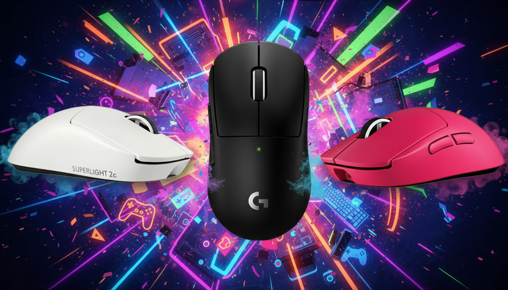 LOGITECH G Pro X Superlight 2C - Trzy myszy w różnych kolorach biały, czarny, różowy na tle neonowej, dynamicznej grafiki z motywami gamingowymi