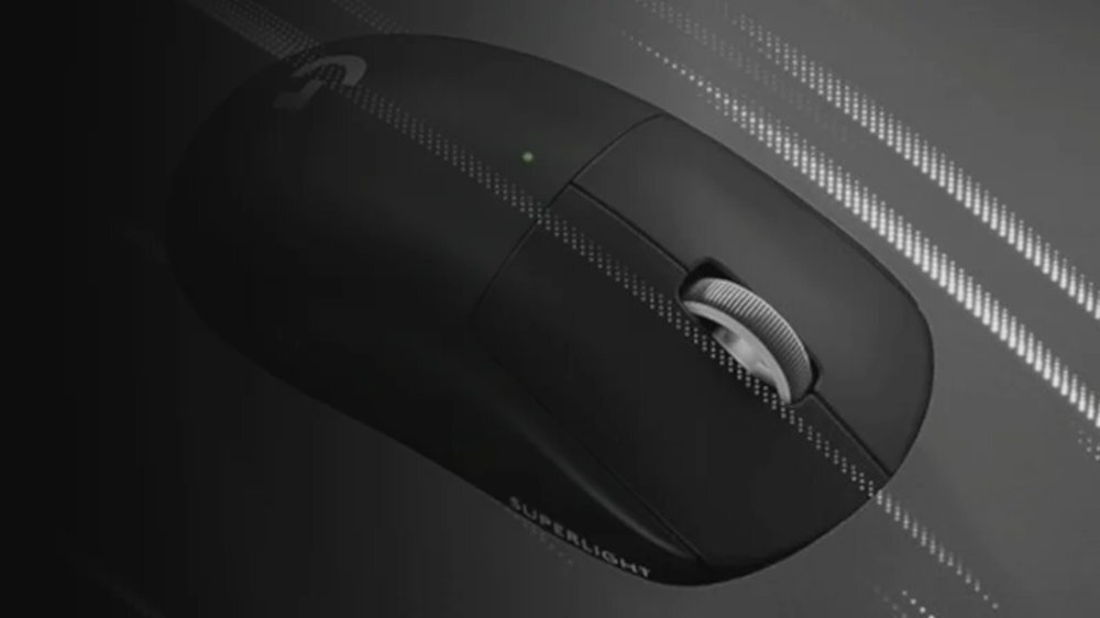 LOGITECH G Pro X Superlight 2C osobach praworęcznych naturalnego ułożenia dłoni odpowiedniemu wyprofilowaniu przyciski - Czarna mysz komputerowa na tle z dynamicznymi liniami świetlnymi, widok z góry