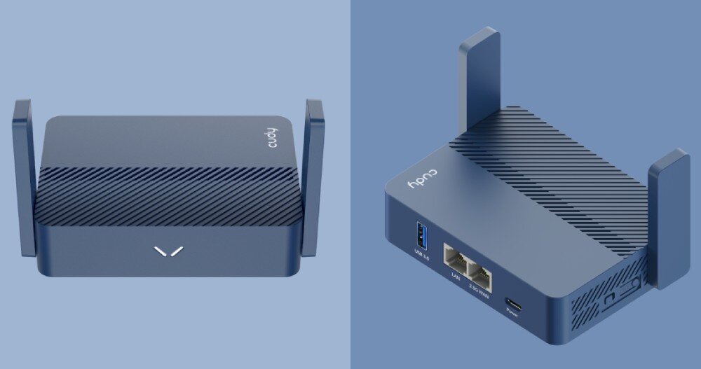 Router CUDY TR3000 Dwa widoki granatowego routera: z przodu z widocznym logo i diodami, oraz z tyłu z portami LAN, WAN, USB-C i USB 3.0, VPN, protokoły, ZeroTier