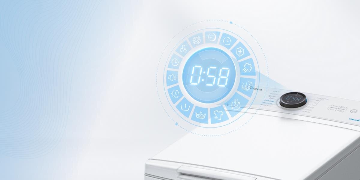 Pralka MIDEA MF100T60B W-PL zdjęcie lifestyle wizualizacja panel sterowanie czas infografika Intuicyjna obsługa ekran pokrętło Lunar Dial szybko wygodnie programy regulacja funkcje