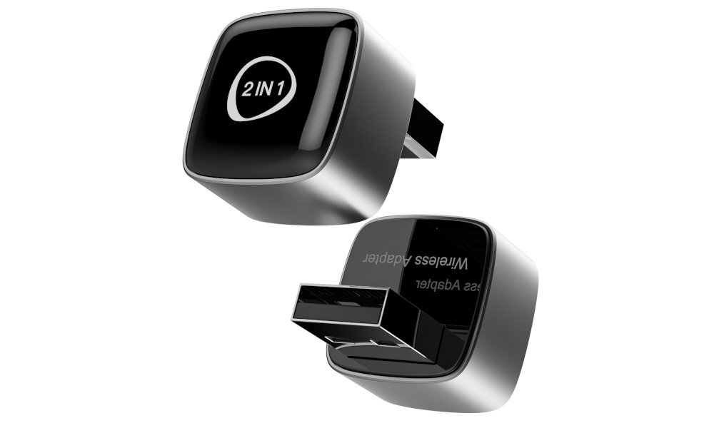 XENSO M5 CarPlay lub Android Auto przewodowe systemy w pełni bezprzewodowe rozwiązanie łączy się automatycznie telefonem zapamiętuje połączenie nawigacji, muzyki, połączeń oraz aplikacji - adapter na białym tle