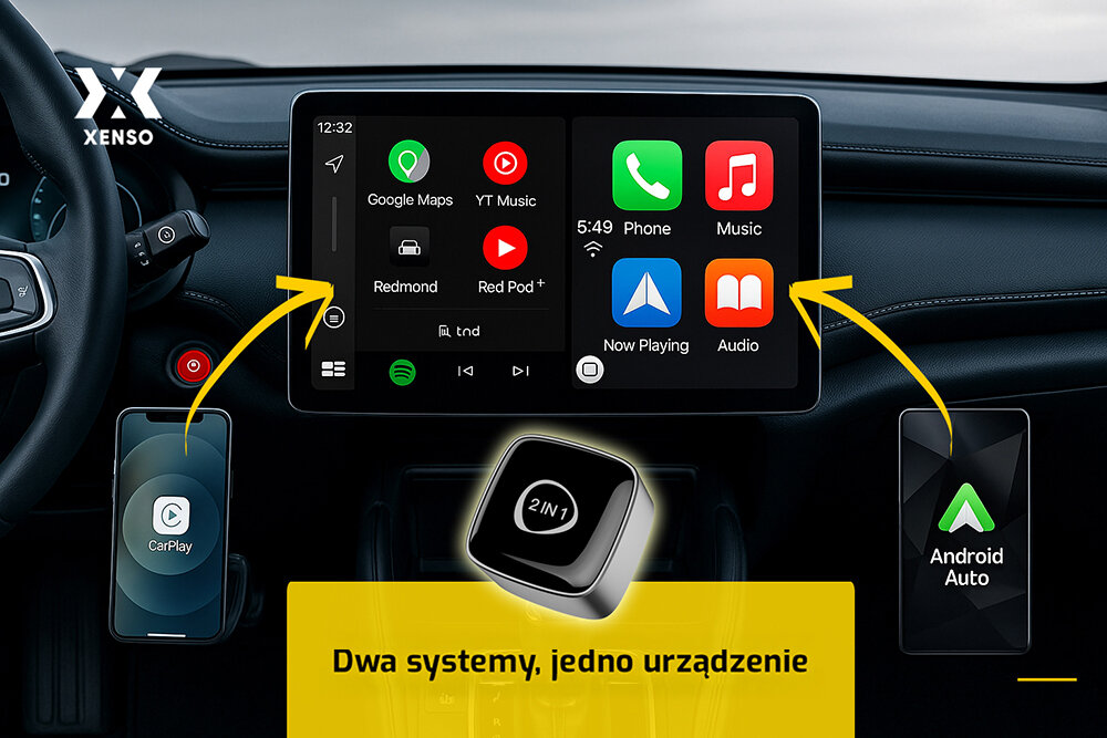 XENSO M5 Apple CarPlay (iPhone od modelu 6, iOS 10.0+) Android Auto (Android 10.0+, wybrane modele od 11.0) przewodowy CarPlay - adapter na tle radia