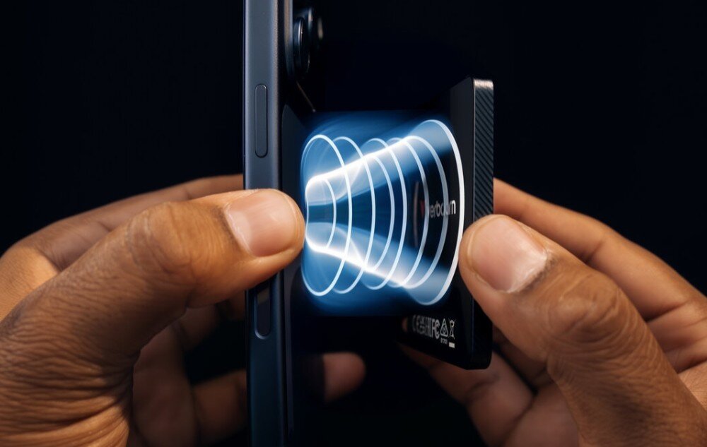 Dysk VERBATIM SnapBack Ultra Slim Grafika przedstawiająca niebieskie fale pola magnetycznego pomiędzy obudową smartfona a zbliżanym do niej czarnym dyskiem zewnętrznym trzymanym w dłoniach, pojemność, waga, wielkość