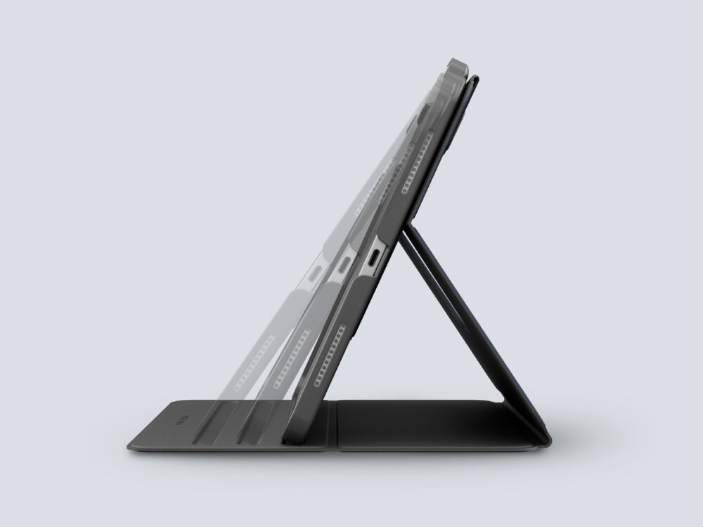 Etui UNIQ Rovus pełni kompatybilne iPadów Porty, przyciski i funkcje - regulacja pochyłu z etui na białym tle