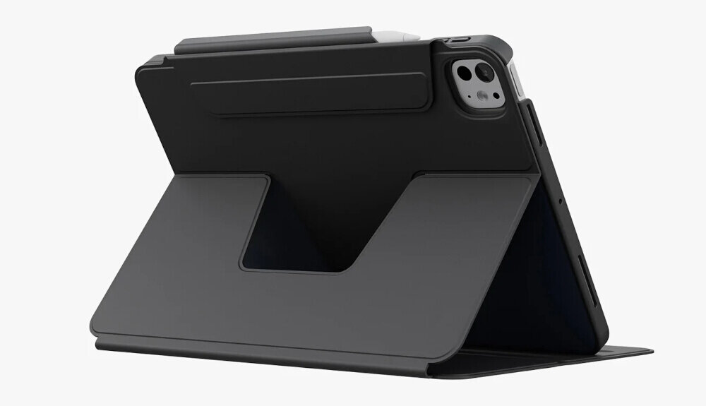 Etui UNIQ Rovus wysokiej jakości materiałów ochronę przed zarysowaniami i wstrząsami lekkiej konstrukcji i eleganckiemu wyglądowi Wbudowana podstawka - etui na białym tle od boku