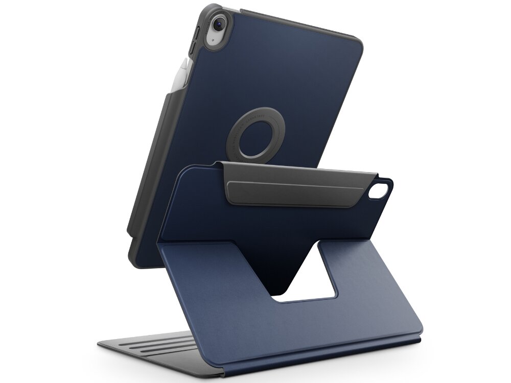 Etui UNIQ Rovus wysokiej jakości materiałów ochronę przed zarysowaniami i wstrząsami lekkiej konstrukcji i eleganckiemu wyglądowi Wbudowana podstawka - etui na białym tle od boku