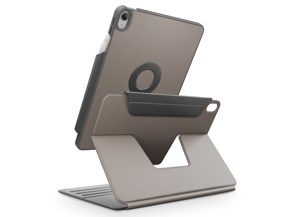 Etui UNIQ Rovus wysokiej jakości materiałów ochronę przed zarysowaniami i wstrząsami lekkiej konstrukcji i eleganckiemu wyglądowi Wbudowana podstawka - etui na białym tle od boku