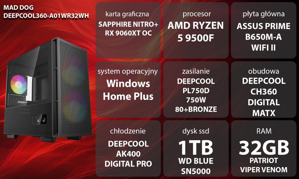 Komputer MAD DOG DEEPCOOL360-A01WR32WH Grafika przedstawiająca specyfikację komputera, z podziałem na podzespoły. W lewej części znajduje się model komputera, a obok niego informacje o podzespołach, opis
