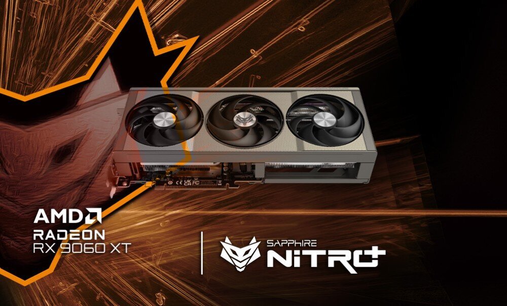 Komputer MAD DOG DEEPCOOL360-A01WR32WH Karta graficzna z trzema wentylatorami na tle pomarańczowo-czarnej grafiki z logiem AMD Radeon RX 9060 XT i SAPPHIRE Nitro+