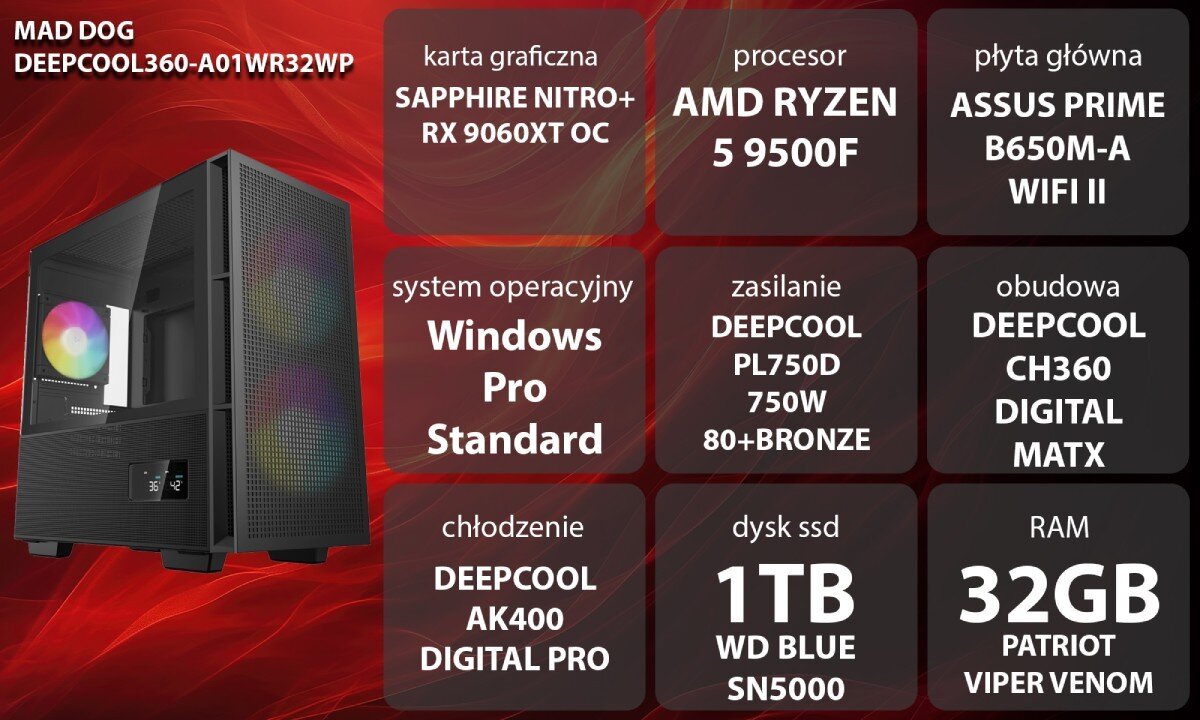 Komputer MAD DOG DEEPCOOL360-A01WR32WP Grafika przedstawiająca specyfikację komputera, z podziałem na podzespoły. W lewej części znajduje się model komputera, a obok niego informacje o podzespołach, opis