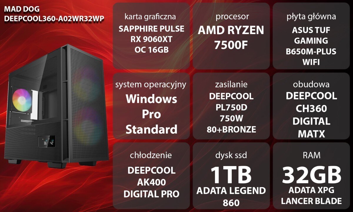 Komputer MAD DOG DEEPCOOL360-A02WR32WP Grafika przedstawiająca specyfikację komputera, z podziałem na podzespoły. W lewej części znajduje się model komputera, a obok niego informacje o podzespołach, opis