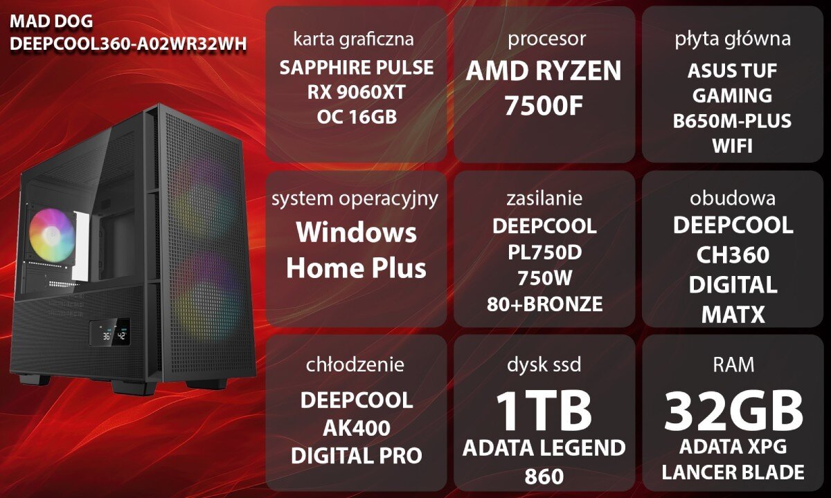 Komputer MAD DOG DEEPCOOL360-A02WR32WH Grafika przedstawiająca specyfikację komputera, z podziałem na podzespoły. W lewej części znajduje się model komputera, a obok niego informacje o podzespołach, opis