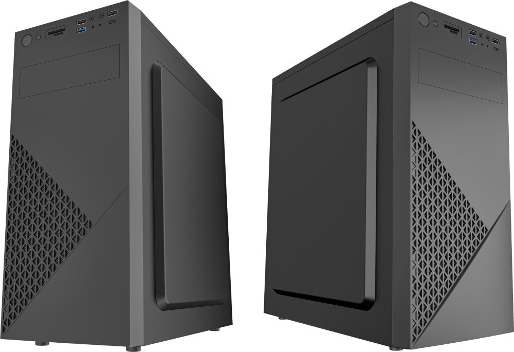 Komputer XQUANTUM XQI5R16S1TB-XI23D Widok dwóch czarnych obudów komputerowych typu tower ustawionych pod kątem, pokazujących przedni panel z portami USB, czytnikiem kart i przyciskami, opis