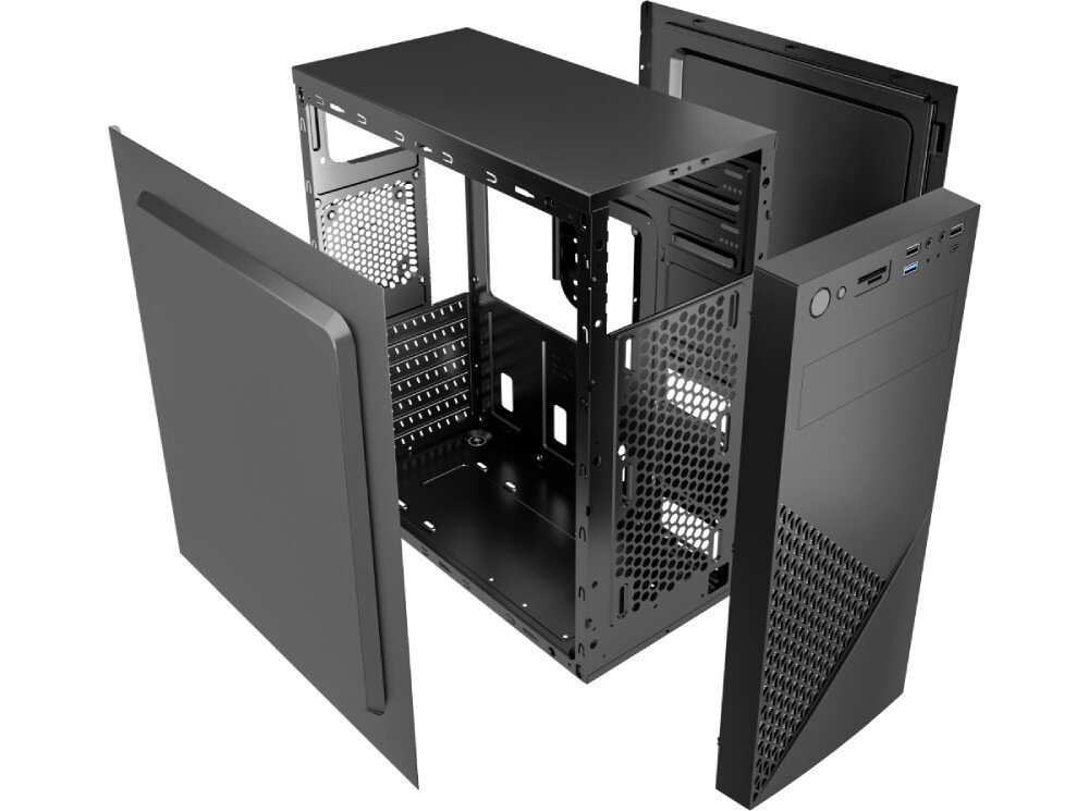 Komputer XQUANTUM XQI5R16S1TB-XI23D Rozłożona na części czarna obudowa komputerowa typu tower, z widocznym wnętrzem i odłączonymi panelami bocznymi oraz przednim, obudowa, materiał, porty, przyciski