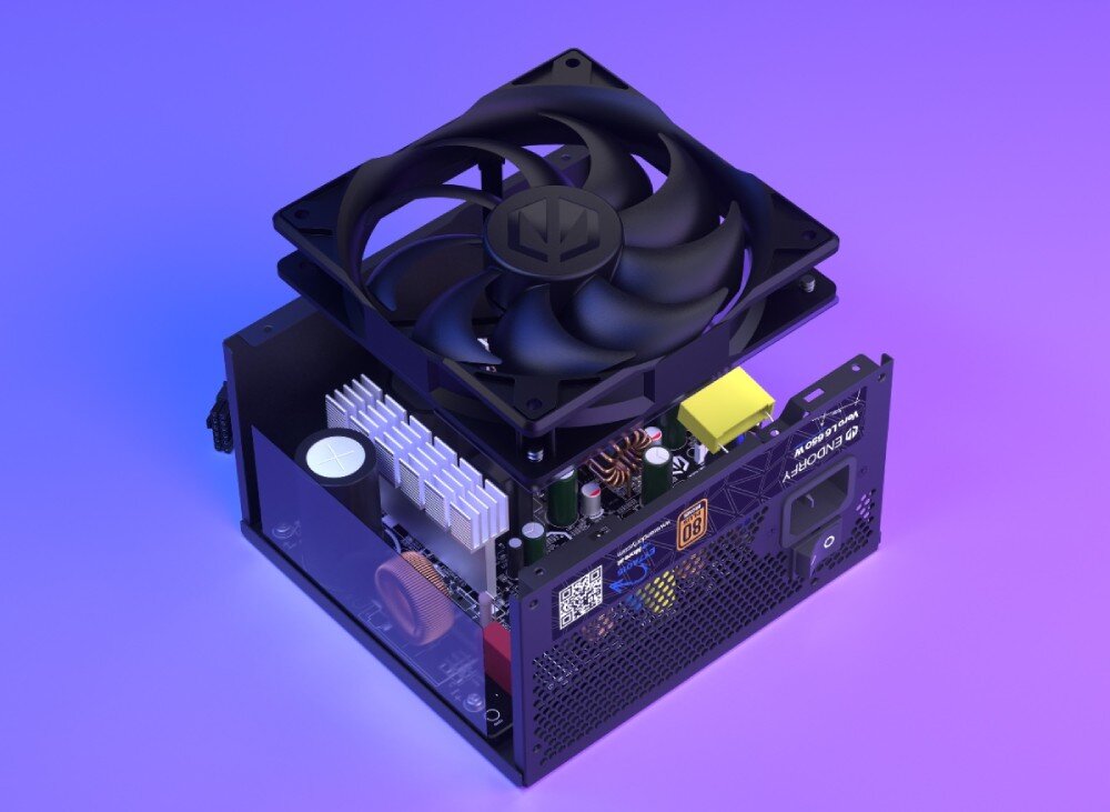 Zasilacz ENDORFY Vero L6 Zasilacz z wizualizacją uniesionego wentylatora odsłaniającego wewnętrzne komponenty elektroniczne w tym żółte elementy i aluminiowe chłodzenie, chłodzenie, wentylatory