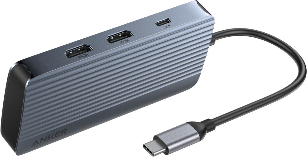 Hub ANKER A83740A2 7w1 Widok z góry na szary, podłużny koncentrator portów z kablem USB-C, posiadający na bocznej ściance dwa gniazda HDMI oraz port USB-C z oznaczeniem PD