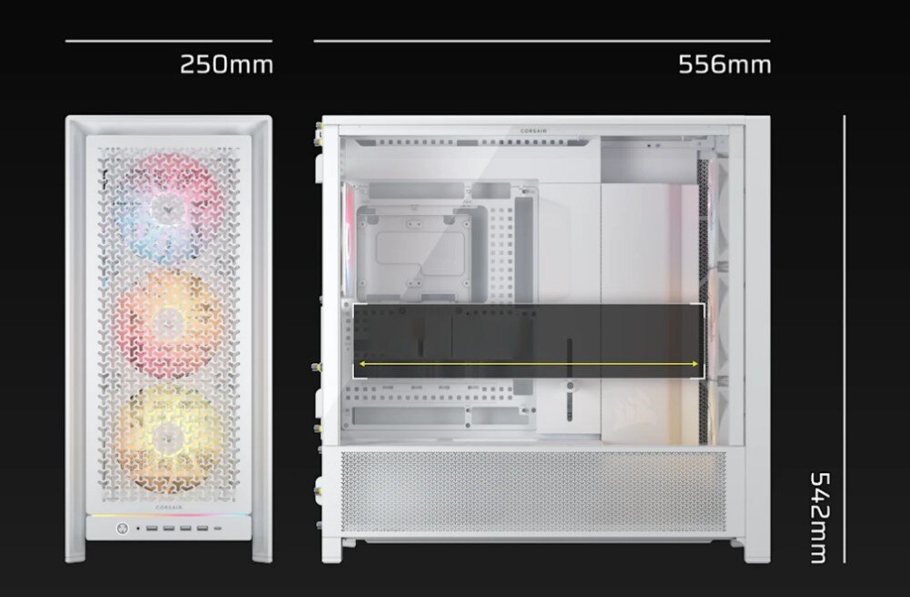 Obudowa CORSAIR Frame 5000D RS ARGB Grafika przedstawia wymiary obudowy komputerowej na czarnym tle. Szerokość frontu wynosi 250 mm, długość boku to 556 mm, a wysokość konstrukcji to 542 mm. Wewnątrz bocznej sekcji zaznaczono żółtą strzałką przestrzeń na kartę graficzną