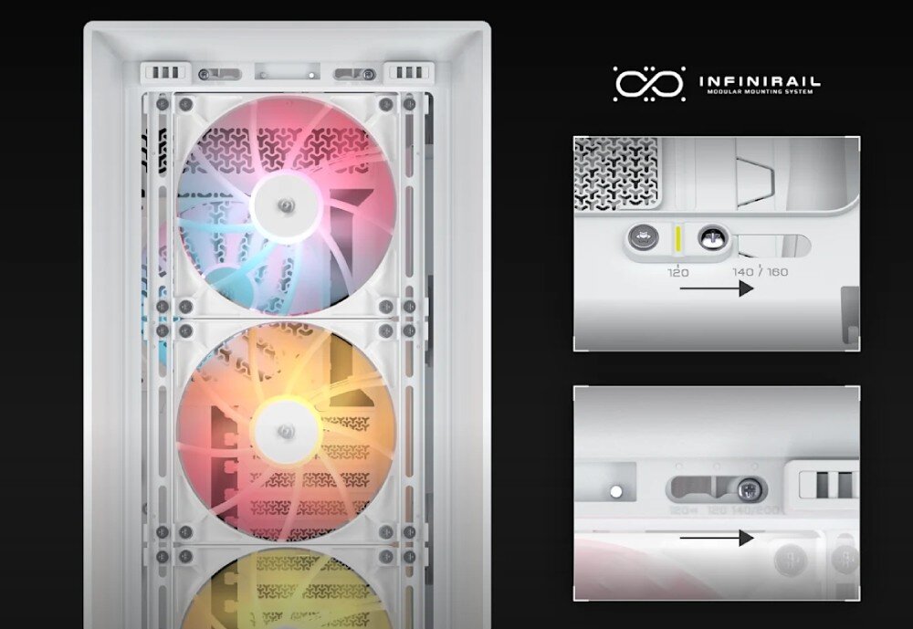 Obudowa CORSAIR Frame 5000D RS ARGB Zbliżenie na system montażowy wentylatorów o nazwie 'Infinirail'. Na mniejszych kadrach po prawej stronie pokazano mechanizm przesuwny ze śrubami, który pozwala na dopasowanie rozstawu dla jednostek o średnicy 120, 140 lub 160 mm