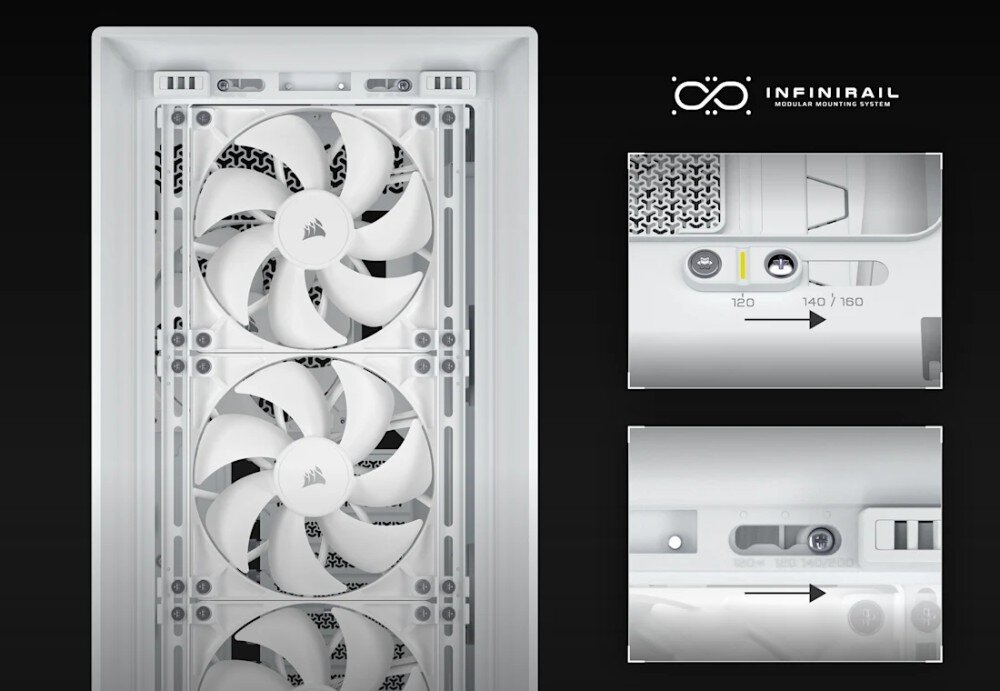 Obudowa CORSAIR Frame 5000D RS Wnętrze obudowy z zamontowanymi dwoma wentylatorami oraz schematyczne grafiki pokazujące system montażu z przesuwnymi elementami i oznaczeniami odległości 120, 140 oraz 180 mm