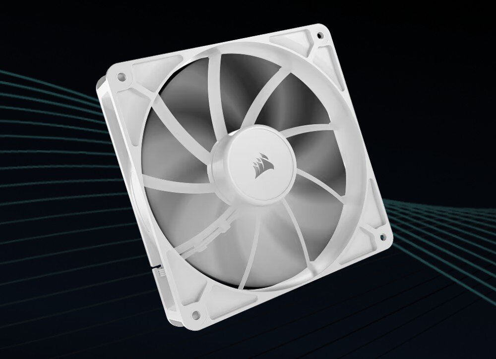 Obudowa CORSAIR Frame 5000D RS Pojedynczy wentylator komputerowy o dziewięciu łopatkach z logo marki na środku, przedstawiony na ciemnym tle z dekoracyjnymi liniami