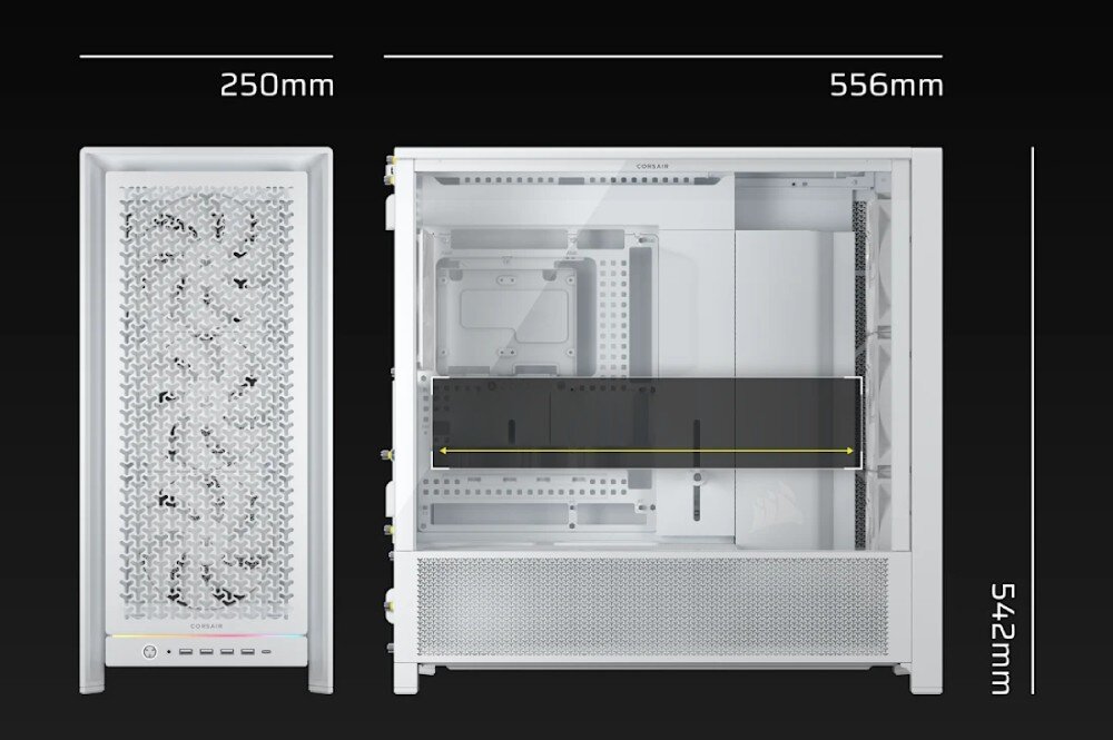 Obudowa CORSAIR Frame 5000D RS Rysunek techniczny prezentujący wymiary obudowy komputerowej, gdzie szerokość wynosi 250 mm, długość 556 mm, a wysokość 542 mm