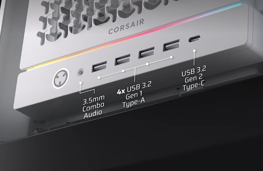 Obudowa CORSAIR Frame 5000D RS Panel przedni obudowy z widocznym przyciskiem zasilania, gniazdem audio combo 3,5 mm, czterema portami USB 3.2 Gen 1 typu A oraz jednym portem USB 3.2 Gen 2 typu C