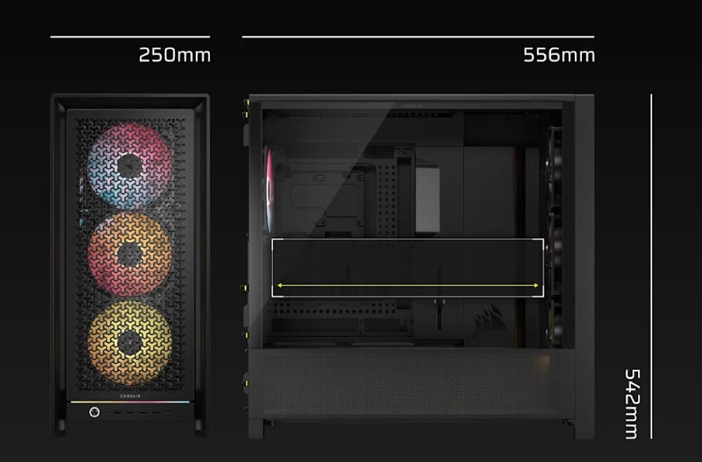Obudowa CORSAIR Frame 5000D RS ARGB Grafika przedstawia wymiary obudowy komputerowej na czarnym tle. Szerokość frontu wynosi 250 mm, długość boku to 556 mm, a wysokość konstrukcji to 542 mm. Wewnątrz bocznej sekcji zaznaczono żółtą strzałką przestrzeń na kartę graficzną