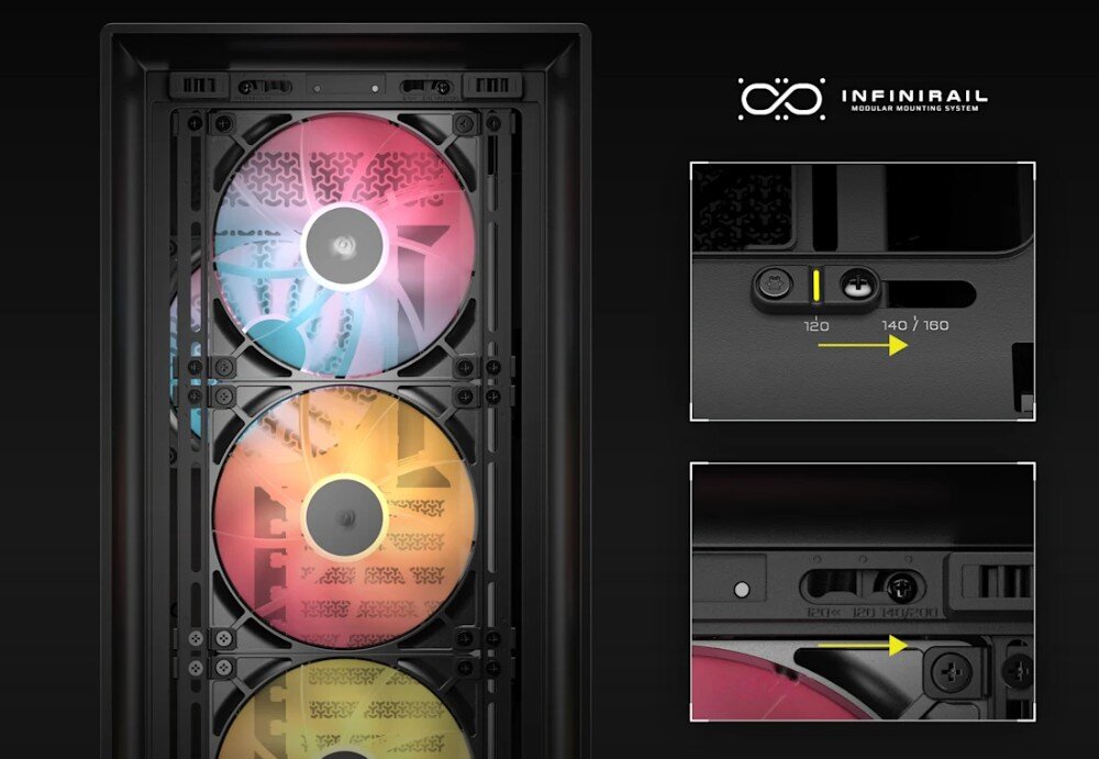 Obudowa CORSAIR Frame 5000D RS ARGB Zbliżenie na system montażowy wentylatorów o nazwie 'Infinirail'. Na mniejszych kadrach po prawej stronie pokazano mechanizm przesuwny ze śrubami, który pozwala na dopasowanie rozstawu dla jednostek o średnicy 120, 140 lub 160 mm