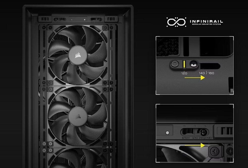 Obudowa CORSAIR Frame 5000D RS Wnętrze obudowy z zamontowanymi dwoma czarnymi wentylatorami oraz schematyczne grafiki pokazujące system montażu z przesuwnymi elementami i oznaczeniami odległości 120, 140 oraz 180 mm