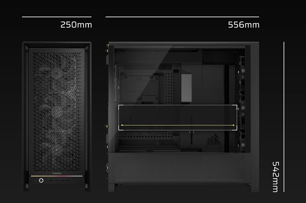 Obudowa CORSAIR Frame 5000D RS Rysunek techniczny prezentujący wymiary obudowy komputerowej, gdzie szerokość wynosi 250 mm, długość 556 mm, a wysokość 542 mm