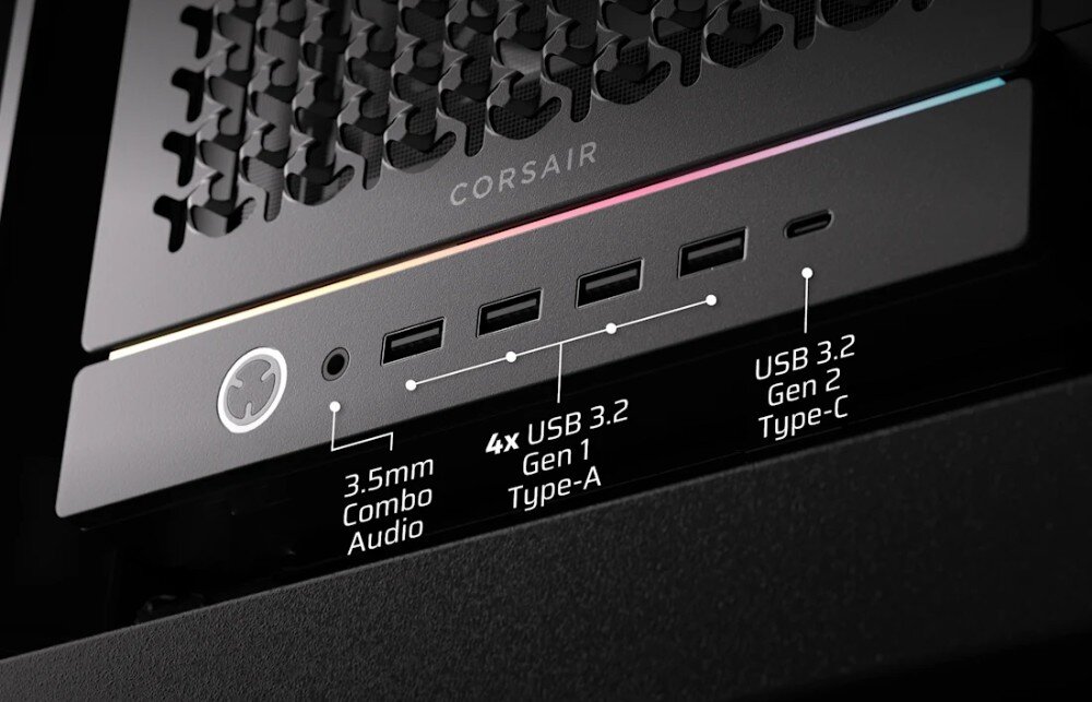 Obudowa CORSAIR Frame 5000D RS Panel przedni obudowy z widocznym przyciskiem zasilania, gniazdem audio combo 3,5 mm, czterema portami USB 3.2 Gen 1 typu A oraz jednym portem USB 3.2 Gen 2 typu C