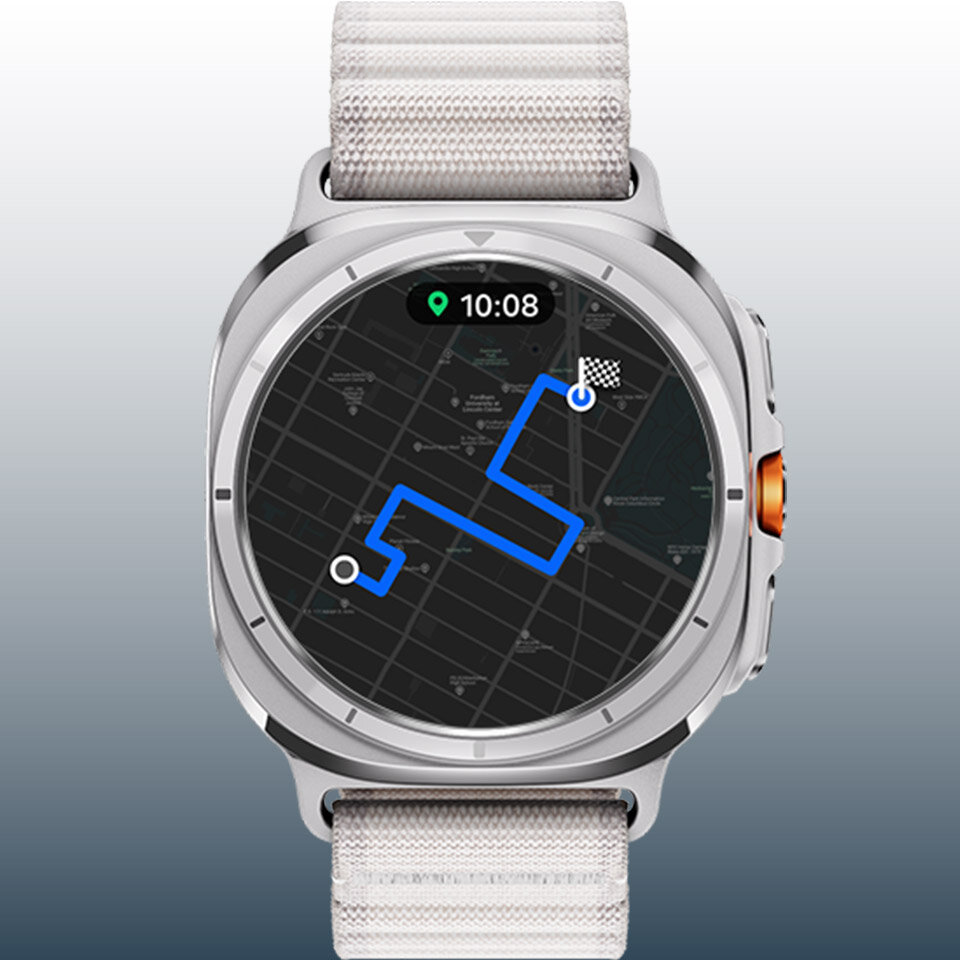 Galaxy Watch Ultra wyświetlający mapę pokazującą trasę od punktu początkowego do celu.