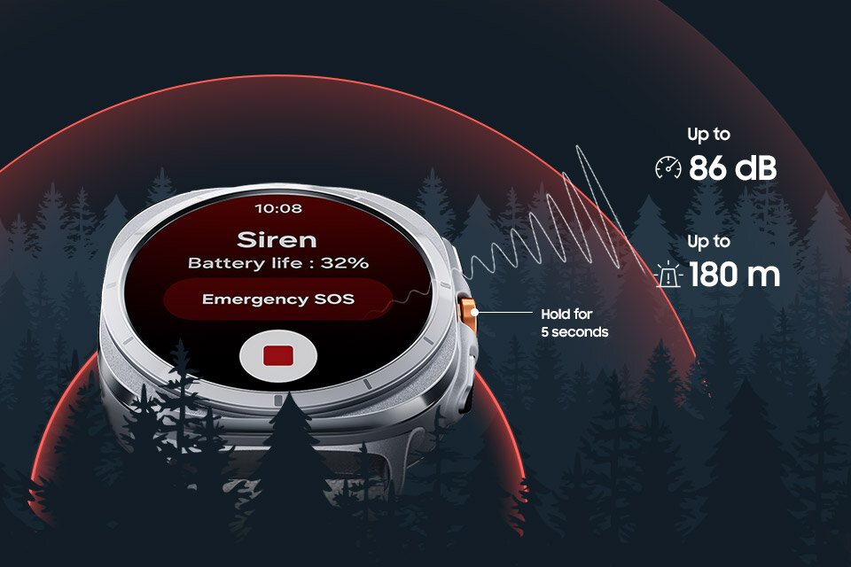Galaxy Watch Ultra wyświetla ekran syreny z tekstem „Wezwanie SOS” i przyciskiem do zatrzymania. Przycisk szybkiego wybierania jest widoczny z boku smartwatcha. Fala reprezentująca dźwięk rozprzestrzenia się ze smartwatcha przez las.