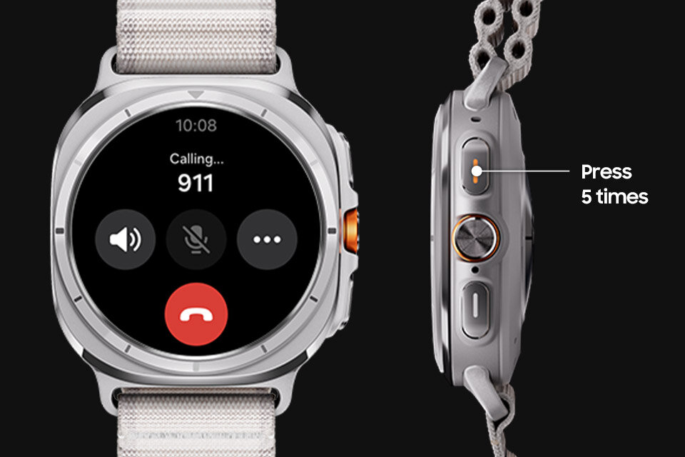Galaxy Watch Ultra z ekranem połączenia Wezwanie SOS z tekstem „Dzwonię... 911” jest widoczny. Obok znajduje się widok z boku smartwatcha pokazujący trzy przyciski, w tym przycisk Home.