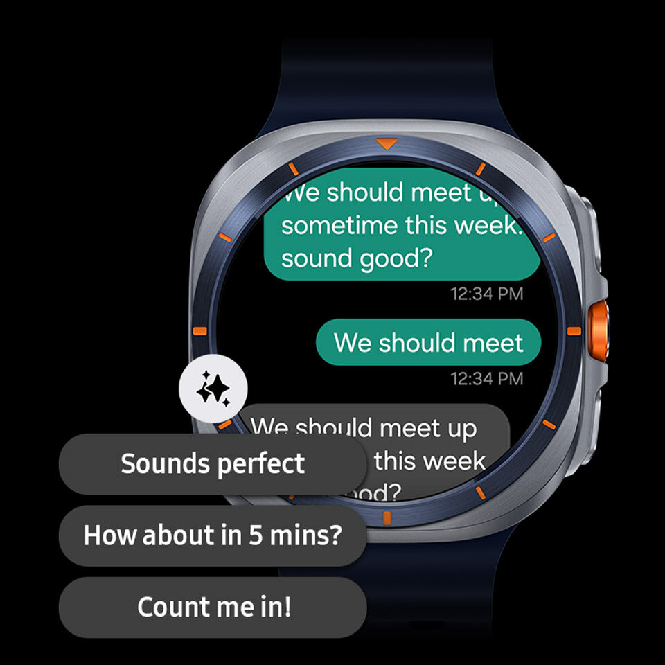 Galaxy Watch Ultra wyświetlający czat z sugestiami odpowiedzi generowanymi przez Galaxy AI, wyświetlanymi na urządzeniu.