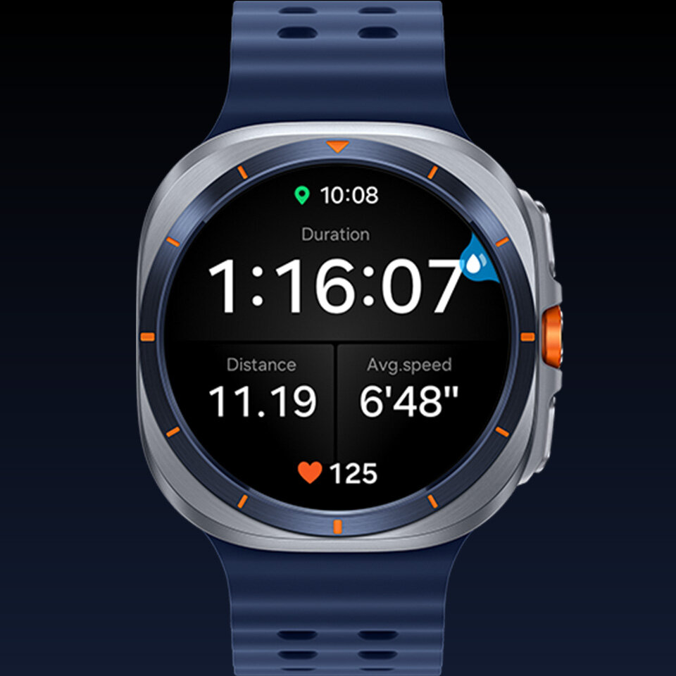 Galaxy Watch Ultra wyświetlający ekran śledzenia treningu z czasem trwania, średnim tempem, spalonymi kaloriami i tętnem.
