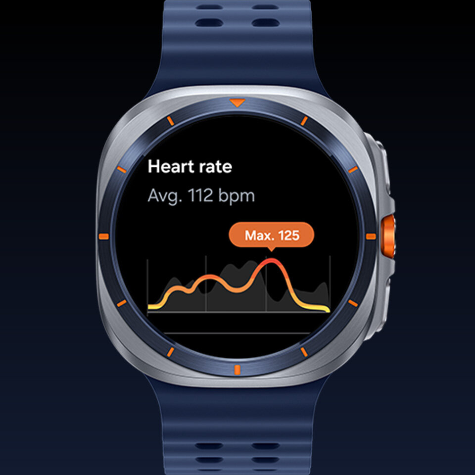 Galaxy Watch Ultra wyświetlający ekran śledzenia tętna ze średnimi uderzeniami na minutę i wykresem liniowym uderzeń na minutę z maksymalnym uderzeniem na minutę.